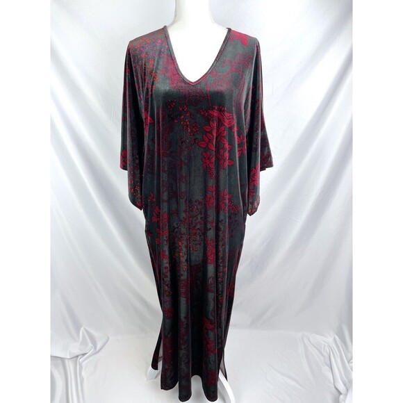 Natori SMALL Black Red Velvet Caftan Floral Dress V-Neck Batwing Maxi - Picture 1 of 8